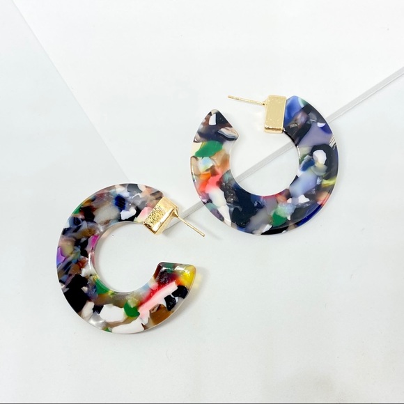 3/$30🖤 Colorful Mosaic Acrylic Resin C Shape Hoop Earrings D40 - Picture 7 of 7
